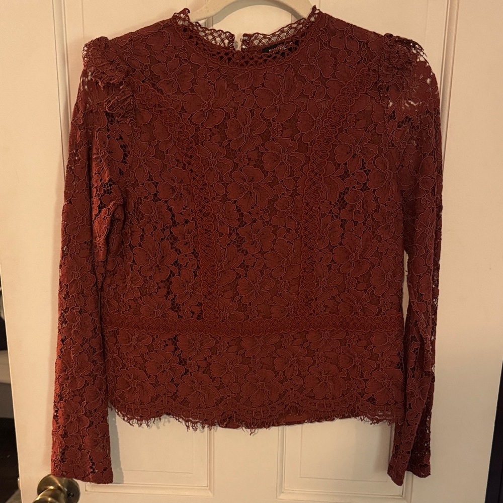 Express Lace Long Sleeve Blouse - Rust